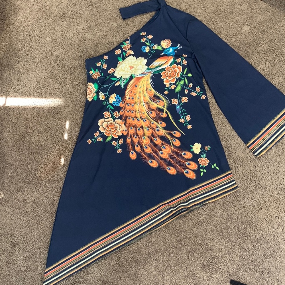 CBR Navy Blue High Low Dress with Floral and Peacock Design